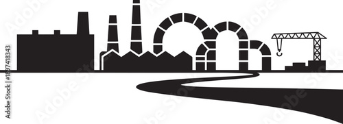 Industrial factory landscape with multiple buildings pipes and a long winding road