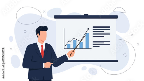 Businessman presents growth chart on whiteboard during presentation