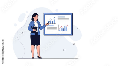 Businesswoman presenting financial data on a whiteboard with charts and graphs