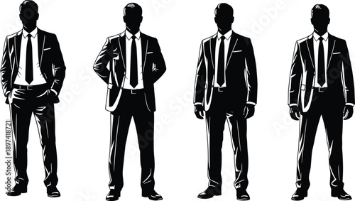 business, man, silhouette, suit, fashion, confidence, professional, male, corporate, leadership, success, style, elegance, career, formal, wear, black, white, illustration, vector