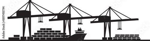 Industrial port scene with multiple shipping cranes containers and a large cargo ship
