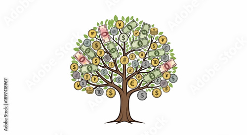 Illustration of a tree with green leaves, growing various banknotes and coins from different currencies