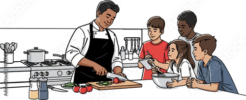 Chef teaches diverse kids cooking, chopping vegetables while others observe and learn in a kitchen