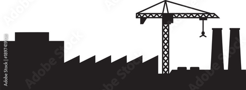 Industrial silhouette of factory buildings with crane and smokestacks on transparent background