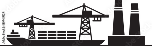 Industry and port with cranes ship and factory smokestacks silhouettes on transparent background