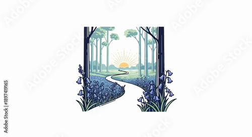 Pixel art of a winding path through a bluebell forest with tall trees and a rising sun