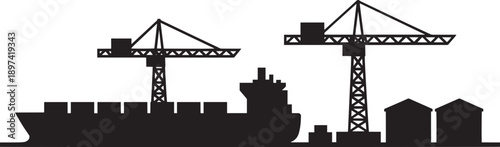 Large container ship silhouette in an industrial port with towering cranes and storage
