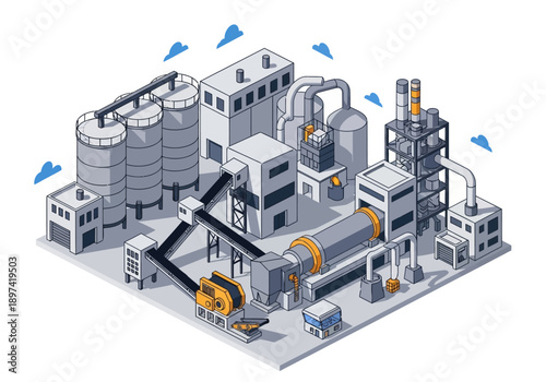 Industrial facility illustration of manufacturing plant with silos and machinery for production