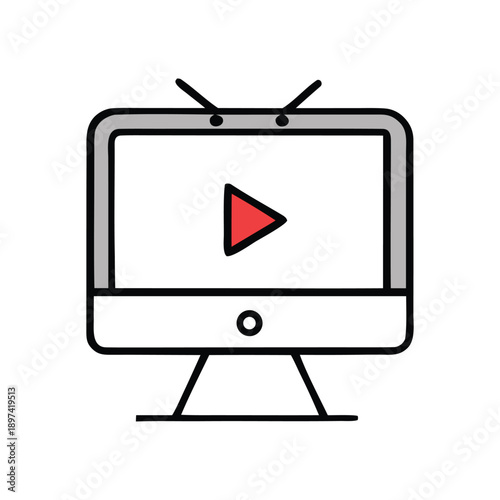 Classic Television Screen Icon Featuring Play Button Symbol, Representing Vintage Media, Video Content, Broadcast Entertainment, and Streaming Services