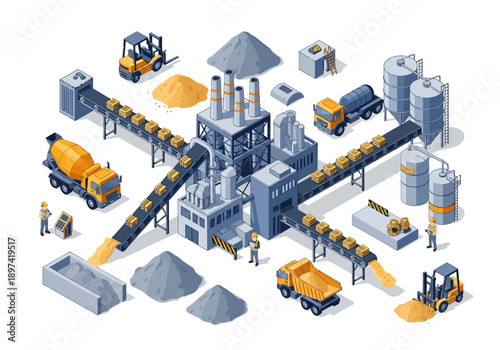Industrial factory complex with conveyor belts, trucks, and forklifts producing cement