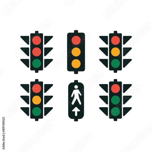 Set of traffic lights and pedestrian signals showing various red, yellow, green indications for road safety and control, vector icons on white background