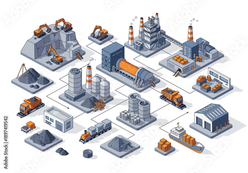 Industrial production process illustration raw materials to finished goods