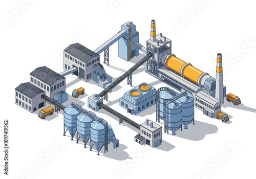 Industrial production facility with silos and large rotating kiln, isometric illustration