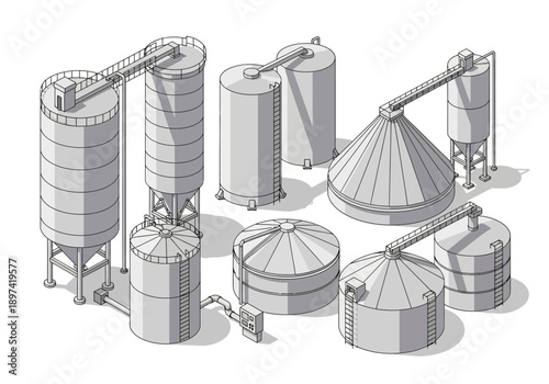 Various agricultural silos and storage tanks arranged in an isometric perspective
