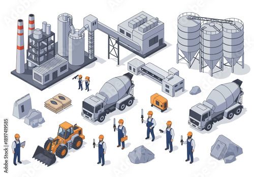 Industrial construction site with heavy machinery, raw materials, and workers - isometric illustration