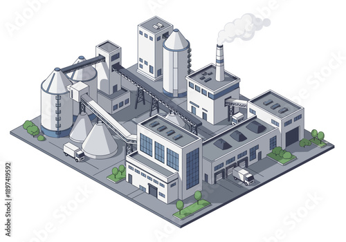 Industrial factory complex with silos, warehouses, and loading dock, isometric view