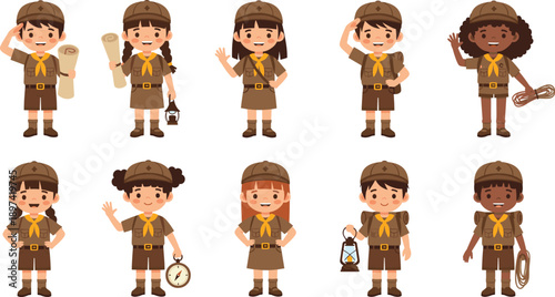 Cute Diverse Kids Scout Characters Set in Brown Uniform with Hats, Tools, Lantern, Rope, and Camping Adventure Cartoon Vector Collection