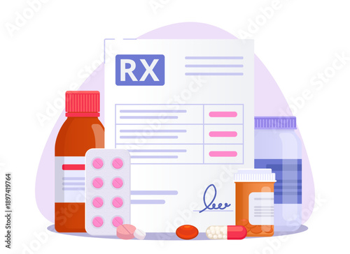 Prescription with medications: pills, capsules, blisters, and bottles. Medical treatment and pharmaceutical care, RX document. Flat cartoon-style vector illustration, isolated.
