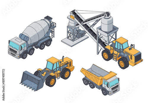 Construction site machinery isometric illustration cement mixer, loader, dumper, and concrete batching plant