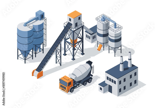 Isometric industrial plant with a concrete mixer truck and silos for construction materials