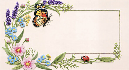 Delicate floral border with butterfly and ladybug, perfect for invitations or spring designs