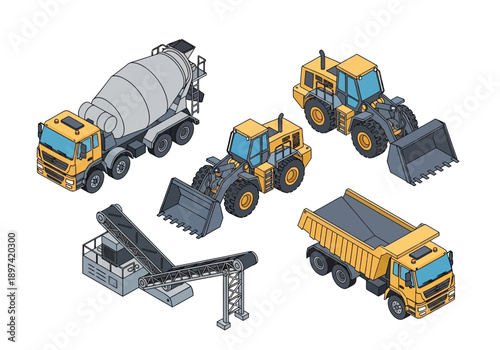 Isometric construction vehicles including a cement mixer, backhoe, loader, and dump truck