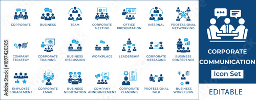 Corporate communication icon set featuring professional networking, team collaboration, leadership, business meeting, workplace training, and internal messaging symbols.
