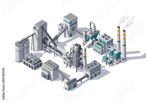 Industrial factory complex with multiple buildings and smoking chimneys, representing manufacturing and production processes