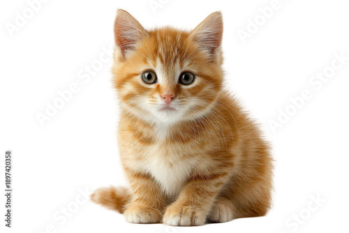 A small orange and white kitten is sitting on a white background