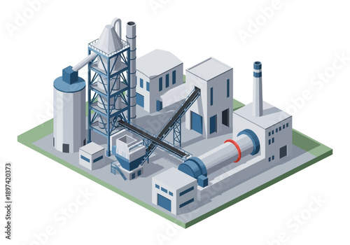 Industrial cement factory plant with silos and a rotating kiln, isometric view, industry and manufacturing concept