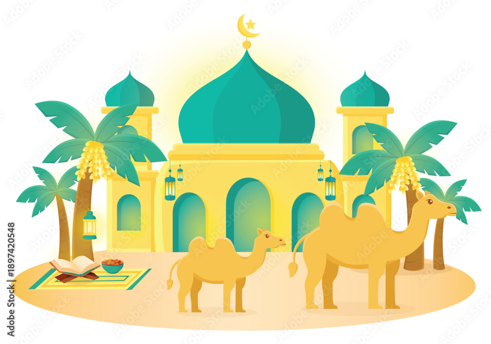 Naklejka premium Middle east vector cartoon illustration. Dates palm, camel, mosque, desert vector illustration