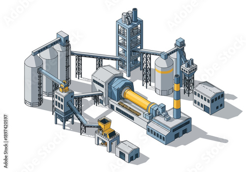 Industrial Cement Plant with Kiln, Silos, and Conveyor Belts - Production Facility Illustration