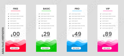Professional four Tier Subscription website Price table template. business plan price list. product package price. Subscription Package Pricing Comparison. Minimalistic pricing list layout design.