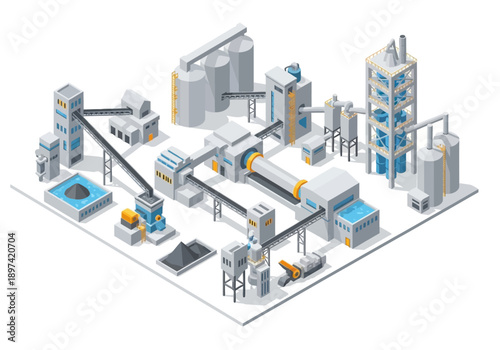 Isometric view of a cement factory industrial complex with multiple buildings and machinery