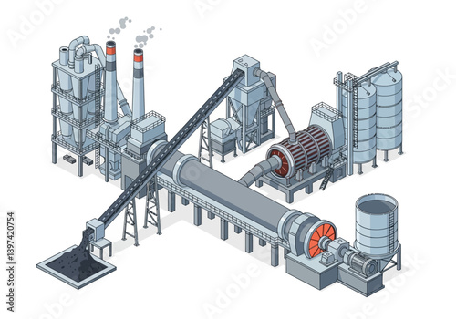 Industrial factory plant illustration with large kilns and silos
