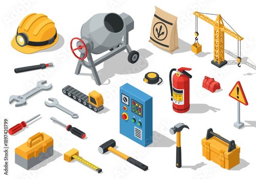 Construction equipment and tools on white background, industrial, building, safety