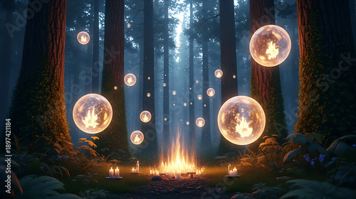 Wallpaper Mural Campfire and Floating Orbs in a Misty Forest at Night, Surreal Mystical Scene Torontodigital.ca