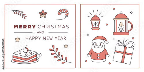 Minimalist Christmas and New Year Illustration – Candy Cane, Cake Slice, Lantern, Teapot, Santa, and Gift Box for Cozy Winter Greetings, Holiday Cards, Invitations, and Seasonal Marketing Materials