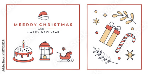 Minimalist Christmas and New Year Poster Set – Santa Hat Greeting Panel with Cake, Lantern, Sleigh, Gift Box, Candy Cane, and Festive Icons for Cozy Winter Cards, Invitations, and Seasonal Marketing M