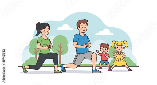 Family doing exercise outdoors together.