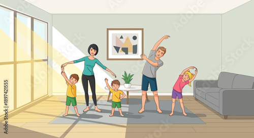 Family Exercising Together Indoors.
