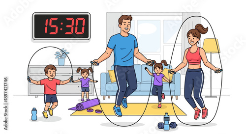 Family Jumping Rope Together Indoors for Exercise.