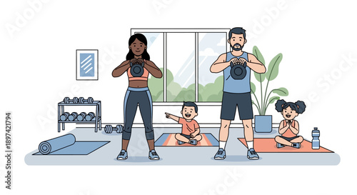 Family exercising together at home with weights and yoga mats.