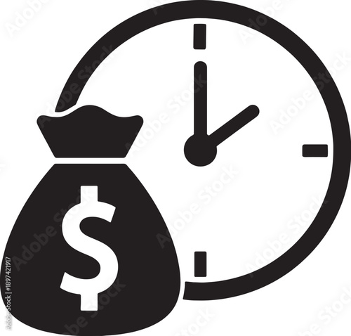 dollar]bag with clock silhouette icon symbolizes value and efficiency