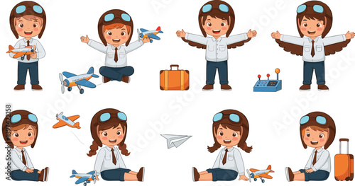 Cute Kid Pilot Character Illustration Set Showing Child Aviator with Airplane, Wings, and Travel Accessories for Dream Career Design