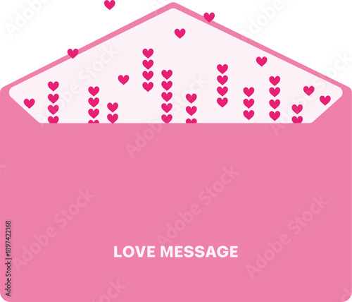 Pink envelope mail message with red hearts. Valentine, romantic, love themes. Vector illustration on transparent background.