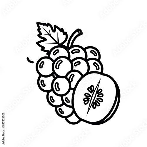 A simple illustration of a bunch of grapes with a leaf and a sliced grape revealing seeds.