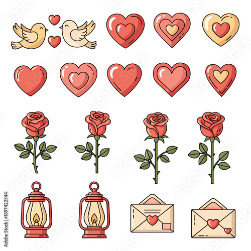 Set of Valentine Icons with Birds and Roses