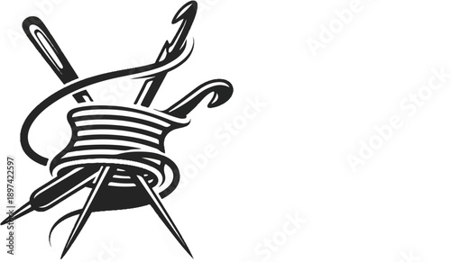 A stylized black and white illustration depicts crochet hooks and yarn