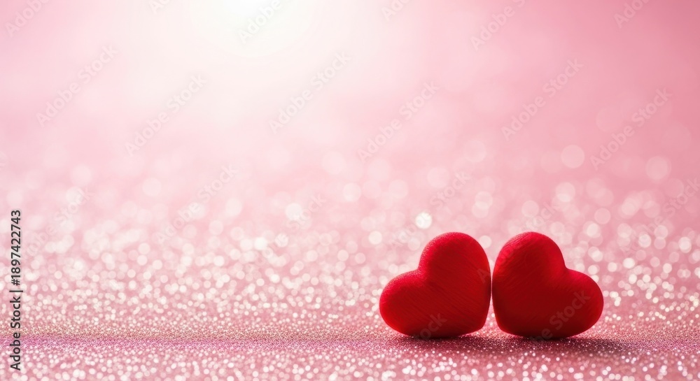 Fototapeta premium Two red hearts on pink glitter background